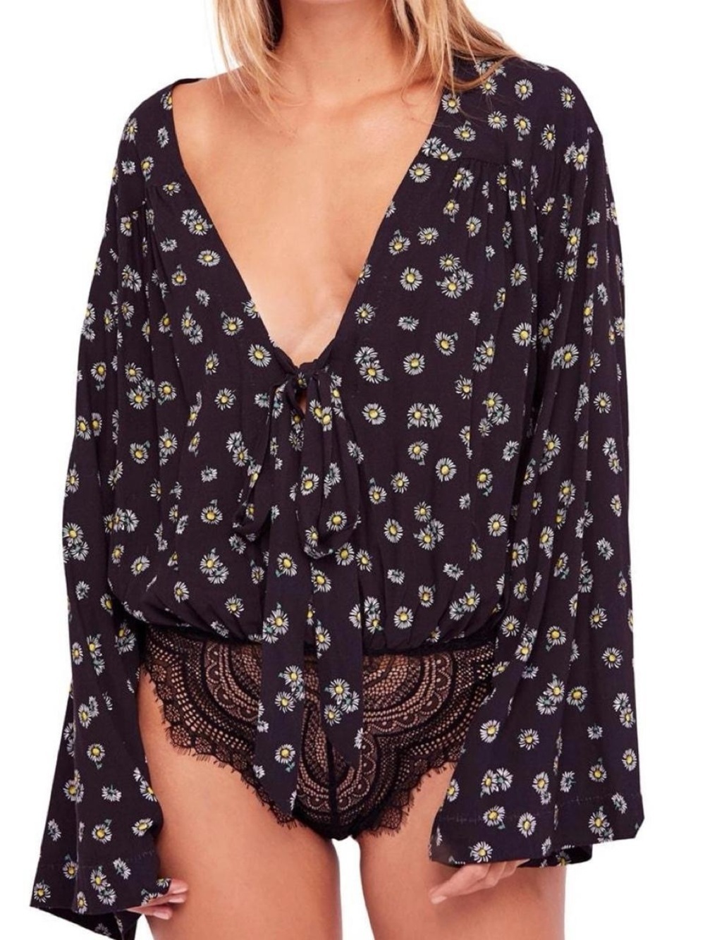 Free People Intimately Forties Feels Black Daisy Lace Bodysuit